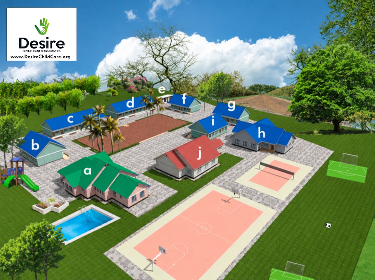 Site plan of the planned Desire Child Care residential school, showing dormitories, classrooms, Cameron Hall, an administration block, teachers housing, a sick bay, a dining hall, a playground, a swimming pool and sports courts set among trees and lawns.